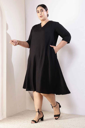 Plus Size Black Cotton Linen Midi Dress
