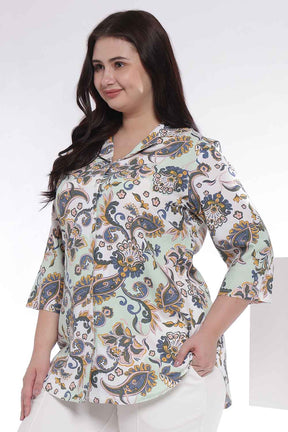 Plus Size Green Paisley Print Cuban Collar Cotton Shirt
