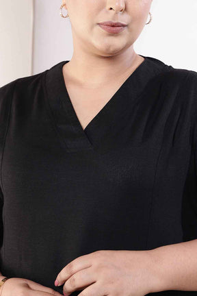 Plus Size Black Cotton Linen Midi Dress