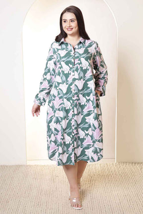 Plus Size Green & Pink Flower Print Rayon Shirt Dress