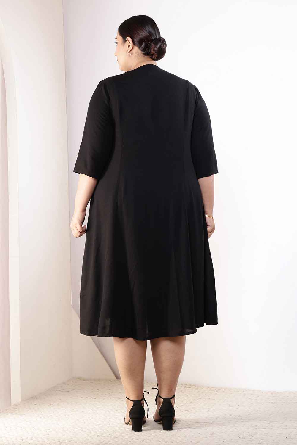 Comfortable Plus Size Black Cotton Linen Midi Dress