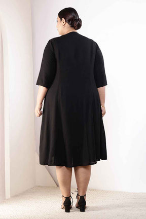 Plus Size Black Cotton Linen Midi Dress