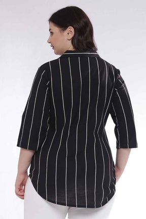 Plus Size Black Vertical Stripe Cuban Collar Cotton Shirt