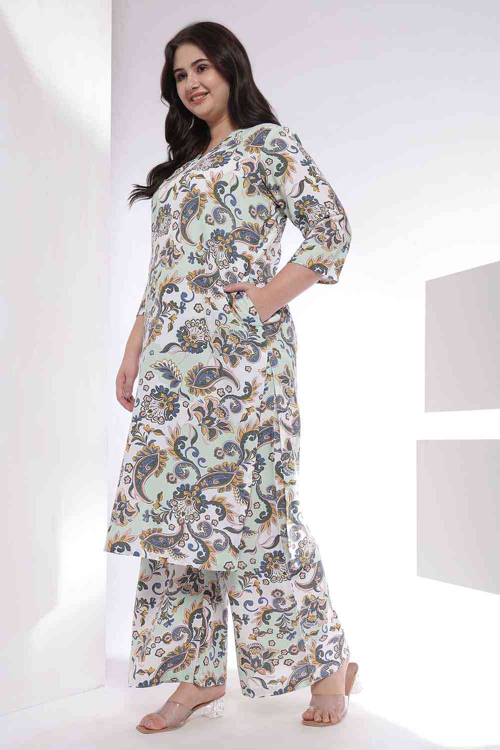 Plus Size Plus Size Green Paisley Print Kurta Coord Set