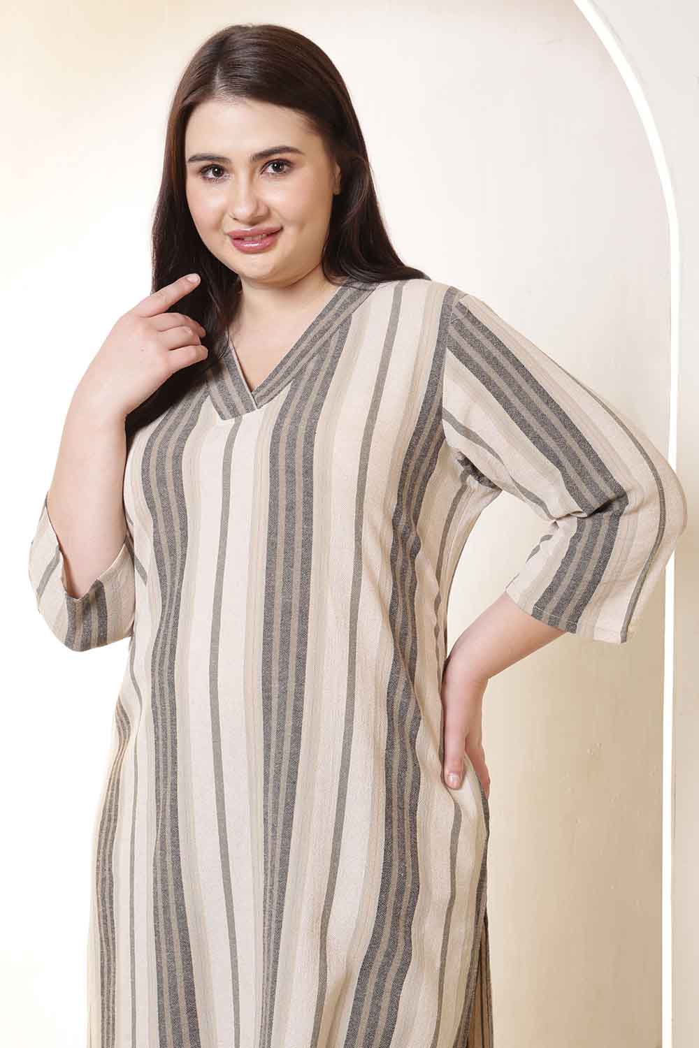 Plus Size Beige & Grey Striped V Neck Cotton Kurta
