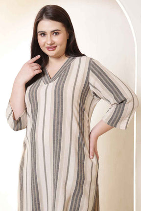 Plus Size Beige & Grey Striped V Neck Cotton Kurta