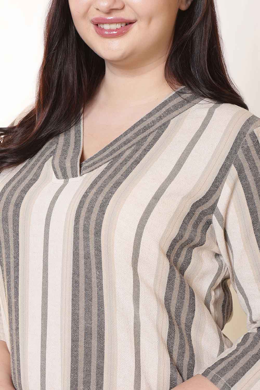 Comfortable Plus Size Beige & Grey Striped V Neck Cotton Kurta