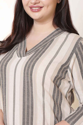 Plus Size Beige & Grey Striped V Neck Cotton Kurta