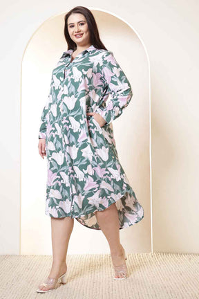 Plus Size Green & Pink Flower Print Rayon Shirt Dress