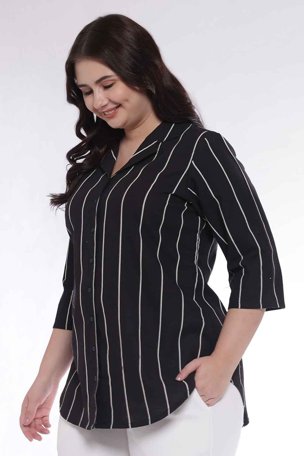 Plus Size Black Vertical Stripe Cuban Collar Cotton Shirt