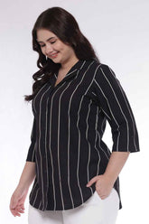 Plus Size Black Vertical Stripe Cuban Collar Cotton Shirt
