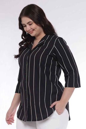 Plus Size Black Vertical Stripe Cuban Collar Cotton Shirt