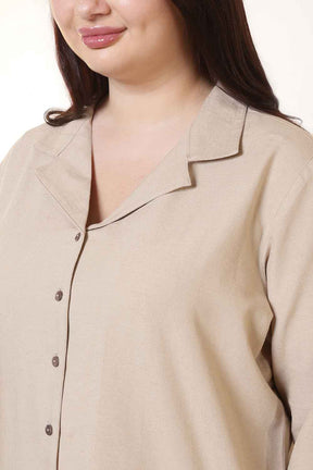 Plus Size Beige Cotton Linen Cuban Collar Shirt