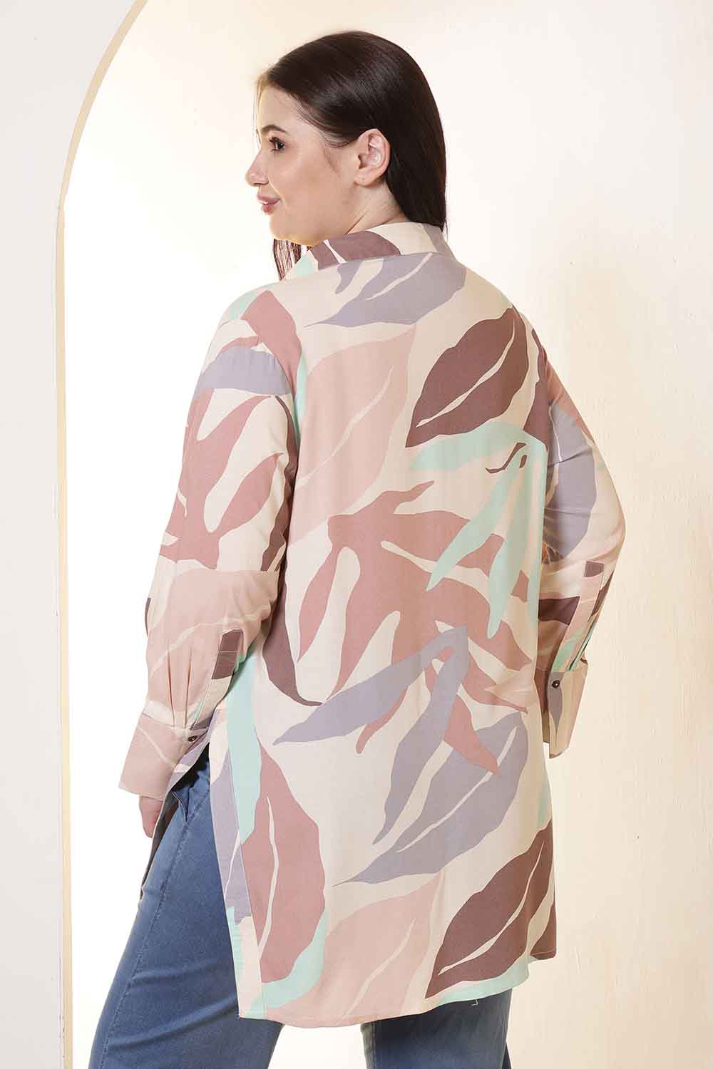Plus Size Multi-Color Abstract Print High Slit Styled Cuff Rayon Shirt