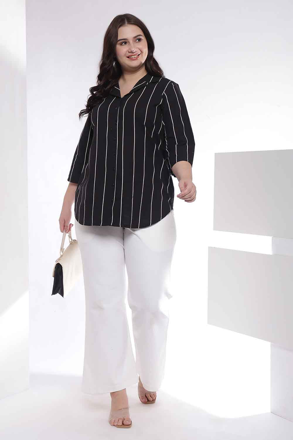Plus Size Black Vertical Stripe Cuban Collar Cotton Shirt