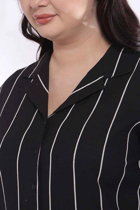 Plus Size Black Vertical Stripe Cuban Collar Cotton Shirt