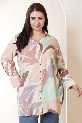 Plus Size Multi-Color Abstract Print High Slit Styled Cuff Rayon Shirt