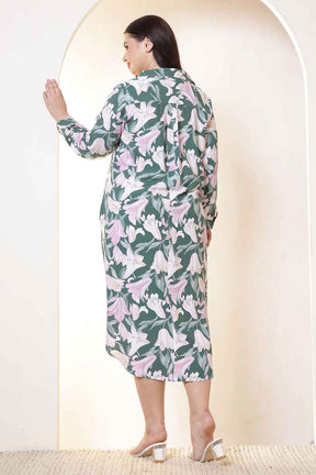 Plus Size Green & Pink Flower Print Rayon Shirt Dress