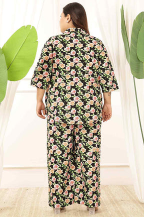 Plus Size Black Floral Shirt Cotton Coord Set