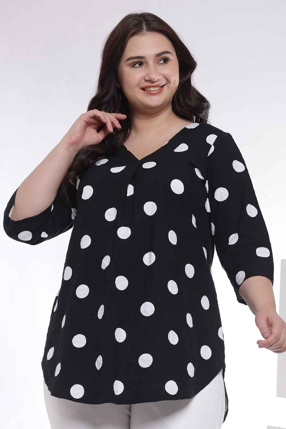 Plus Size Black Polka Print V Neck Cotton Top