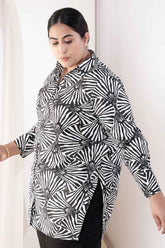 Plus Size Black & White Abstract Print High Slit Styled Cuff Cotton Shirt