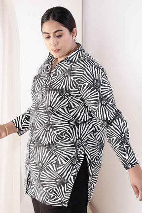 Plus Size Black & White Abstract Print High Slit Styled Cuff Cotton Shirt