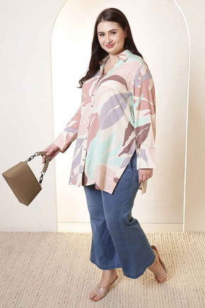 Plus Size Multi-Color Abstract Print High Slit Styled Cuff Rayon Shirt