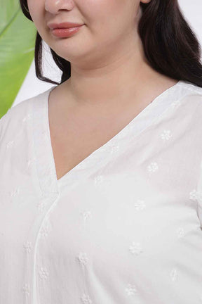 Plus Size White Cotton Schiffli V Neck Top