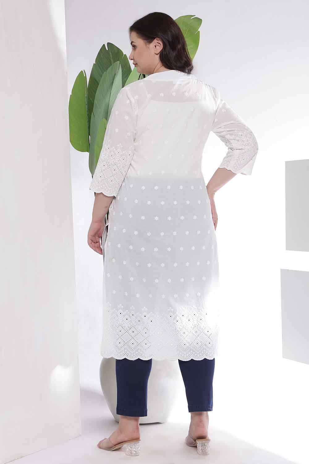 Plus Size White Cotton Schiffli V Neck Kurta