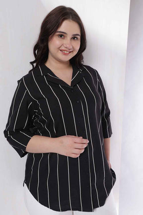 Plus Size Black Vertical Stripe Cuban Collar Cotton Shirt