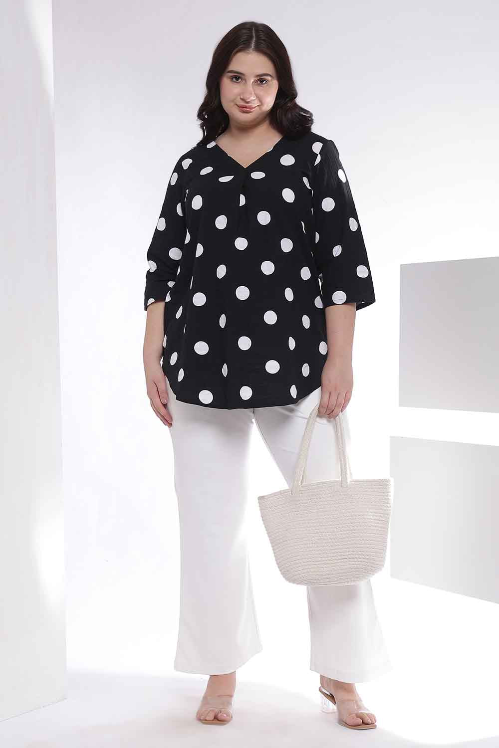 Plus Size Black Polka Print V Neck Cotton Top