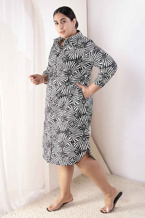 Plus Size Black & White Abstract Print Shirt Dress