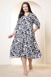 Plus Size Black & White Geometric Print Cotton Midi Dress