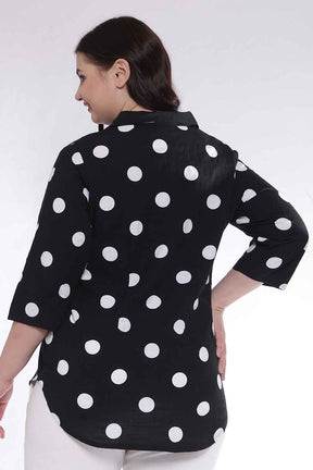 Plus Size Black Polka Print Cuban Collar Cotton Shirt