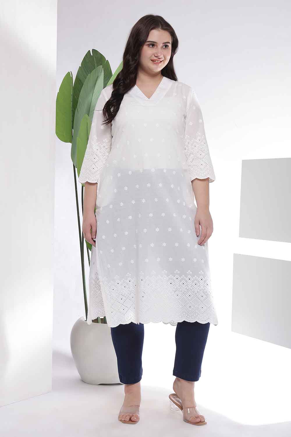 Plus Size Plus Size White Cotton Schiffli V Neck Kurta