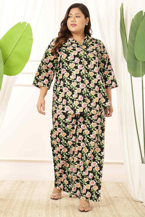 Plus Size Black Floral Shirt Cotton Coord Set