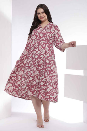 Plus Size Purple Taupe Floral Print Cotton Midi Dress