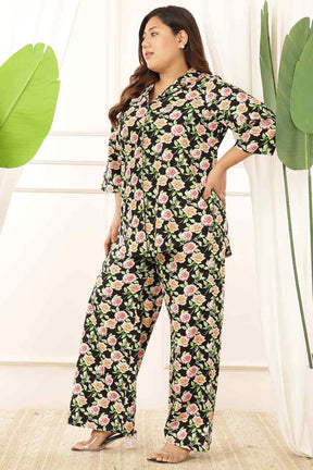 Plus Size Black Floral Shirt Cotton Coord Set