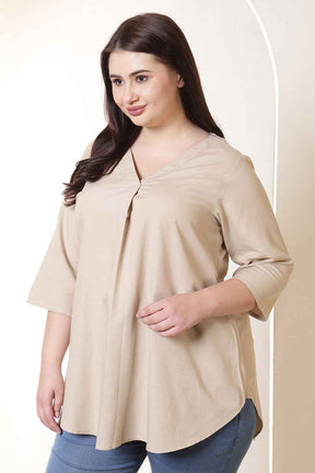 Plus Size Beige V-Neck Cotton Linen Top