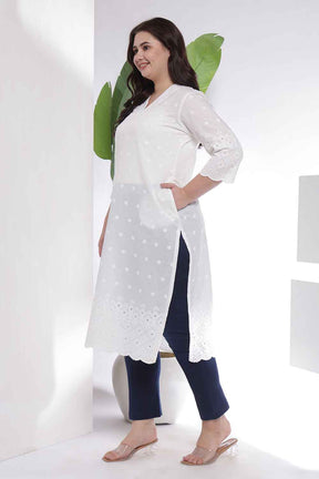 Plus Size White Cotton Schiffli V Neck Kurta