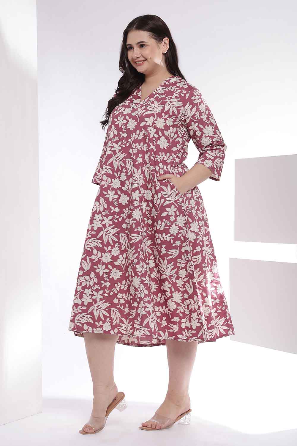 Plus Size Plus Size Purple Taupe Floral Print Cotton Midi Dress