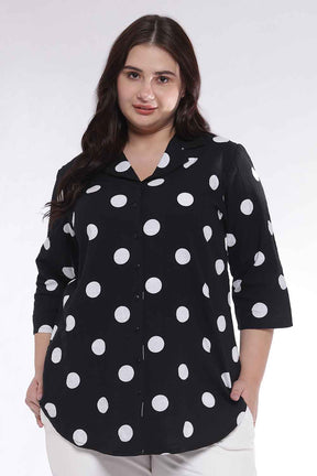 Plus Size Black Polka Print Cuban Collar Cotton Shirt