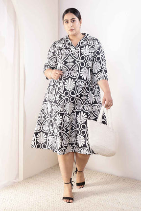Plus Size Black & White Floral Print Cotton Midi Dress