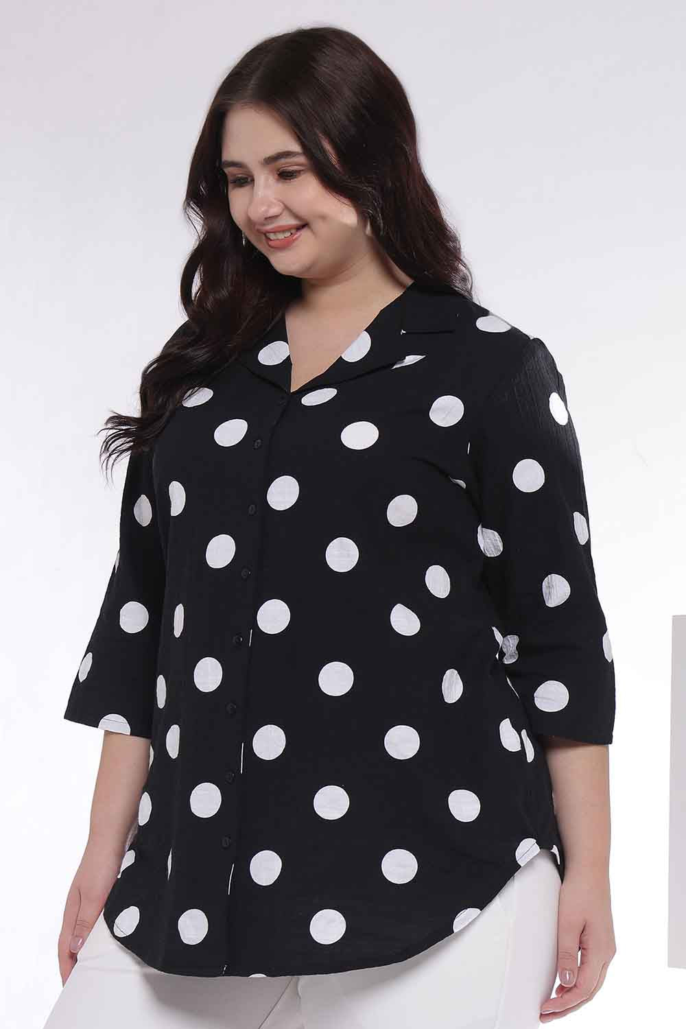 Plus Size Black Polka Print Cuban Collar Cotton Shirt