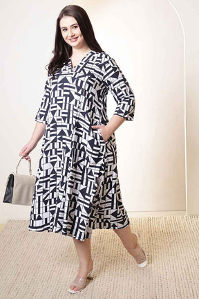 Plus Size Black & White Geometric Print Cotton Midi Dress