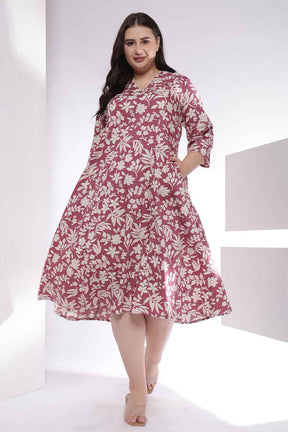 Plus Size Purple Taupe Floral Print Cotton Midi Dress
