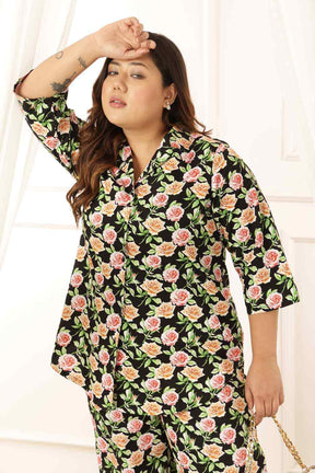 Plus Size Black Floral Shirt Cotton Coord Set