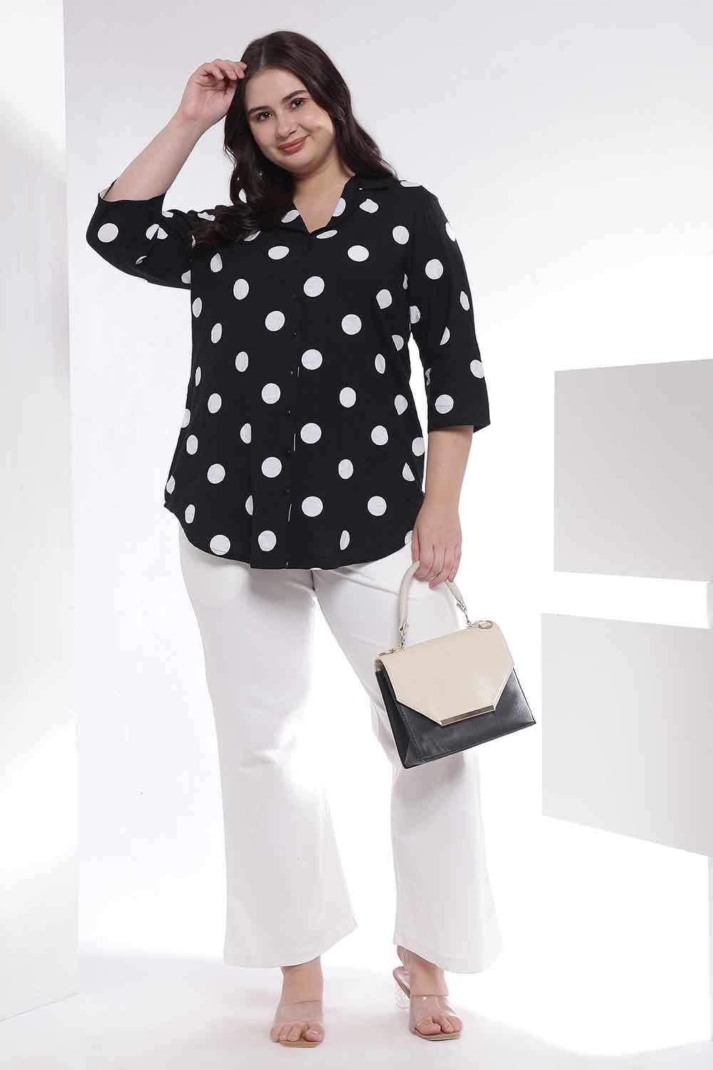 Plus Size Black Polka Print Cuban Collar Cotton Shirt