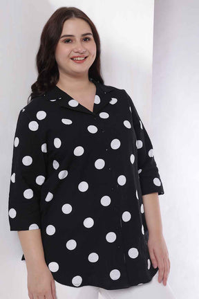 Plus Size Black Polka Print Cuban Collar Cotton Shirt