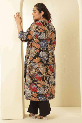 Plus Size Elegant Black Floral Print V-Neck Rayon Muslin Kurta
